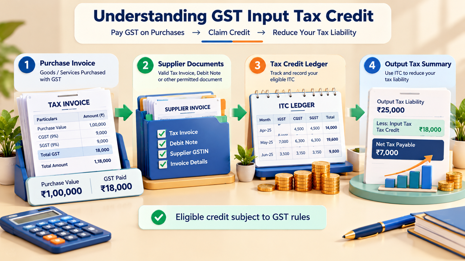 GST input tax credit illustration showing purchase invoices, GST paid and eligible tax credit records.