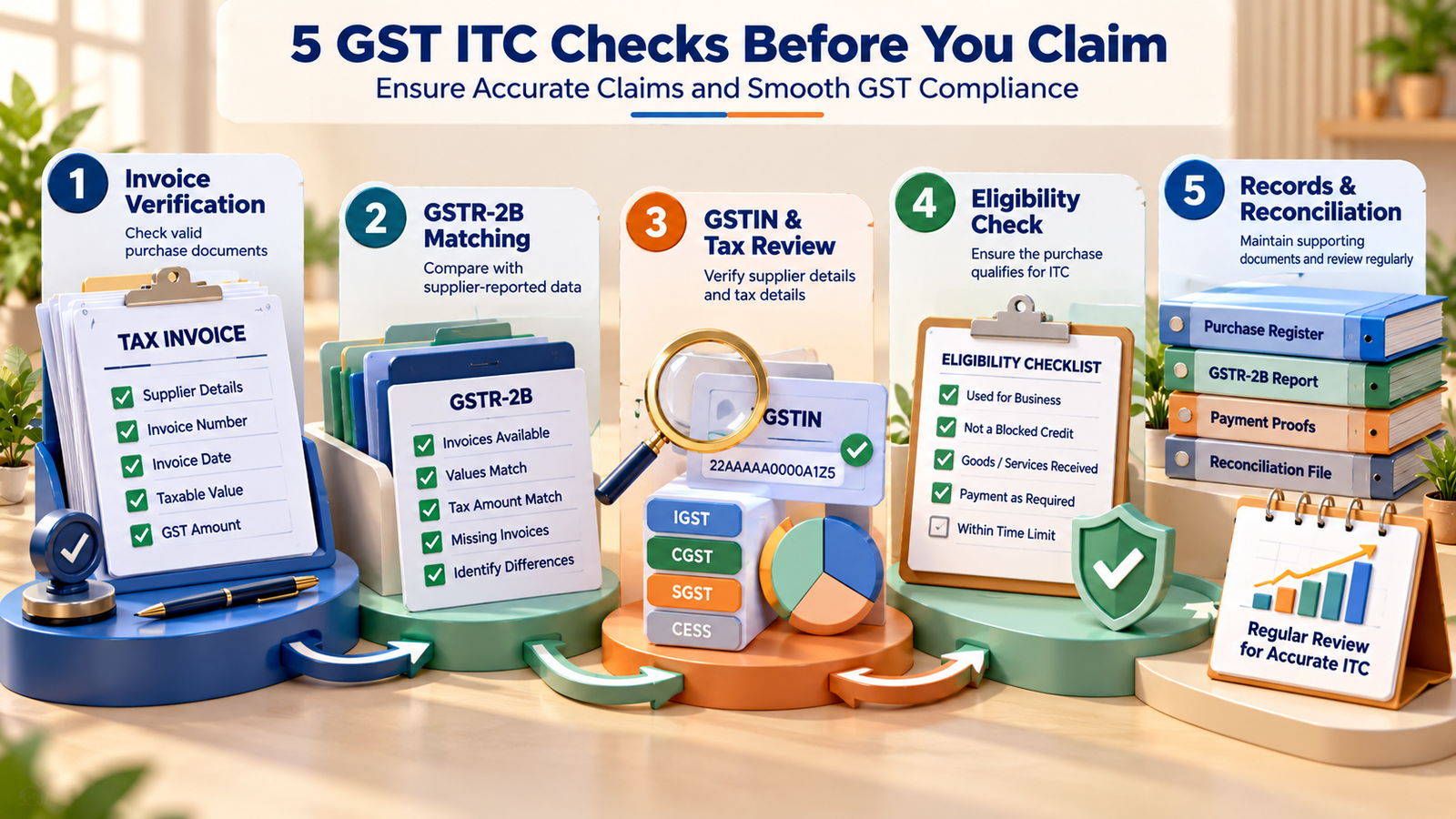 Five GST input tax credit checks covering invoice verification, GSTR-2B matching 