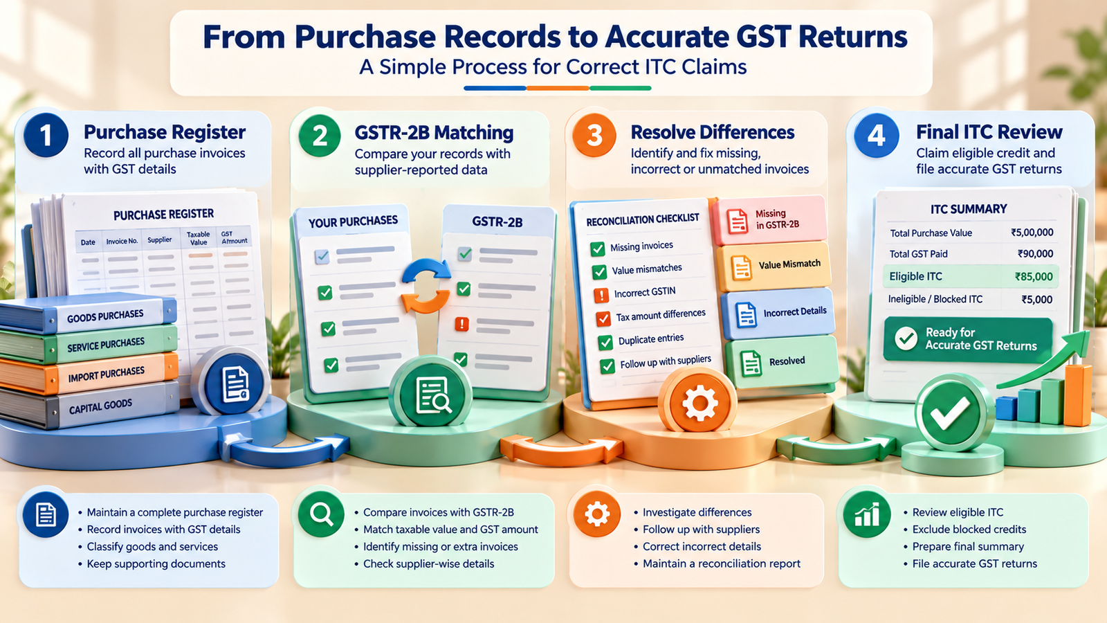  GST ITC reconciliation workflow from purchase records and GSTR-2B matching to final credit review.