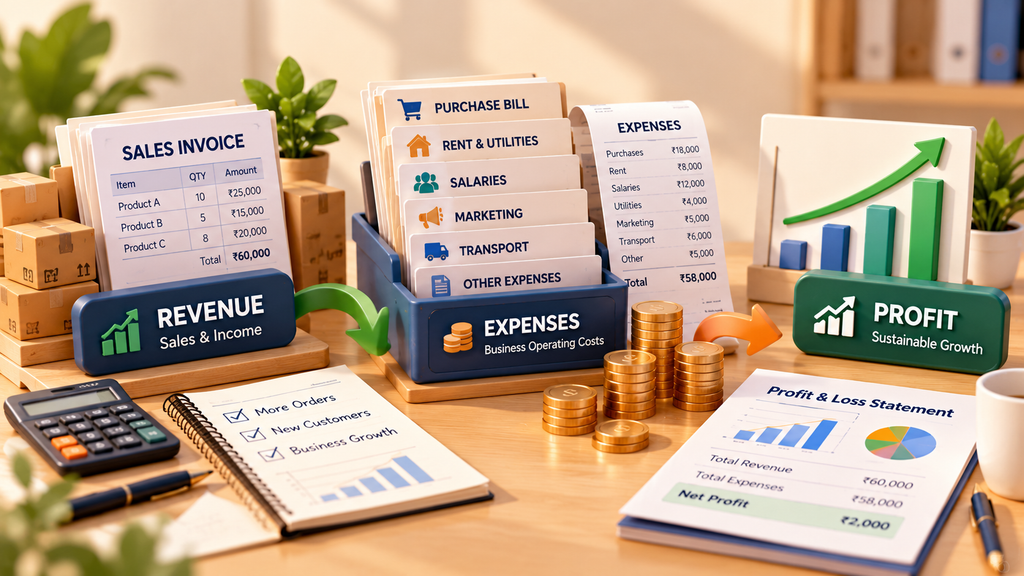 Financial report illustrating business revenue, expenses and profit.