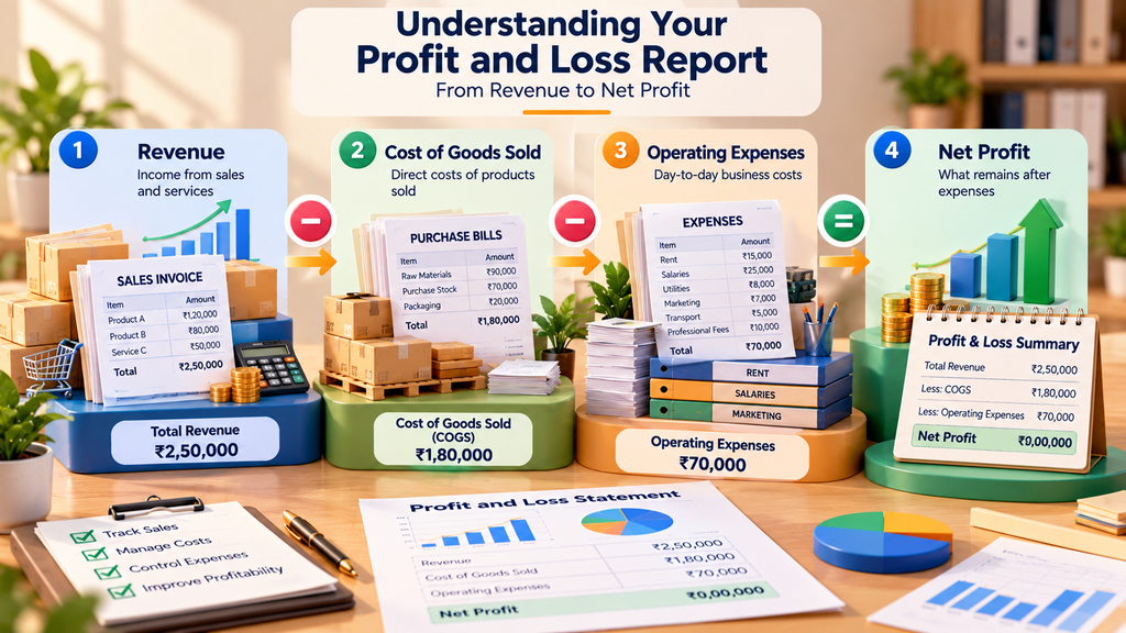Key components of a profit and loss report, including revenue, costs, expenses and net profit.