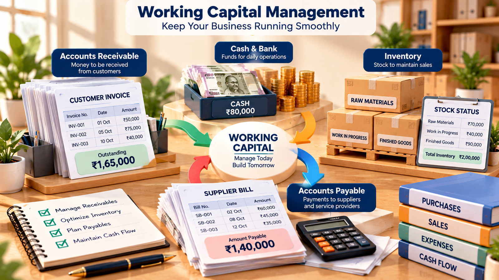 Working Capital Management: accounts receivable, cash and bank, inventory, accounts payable, purchases, sales, expenses and cash flow management.