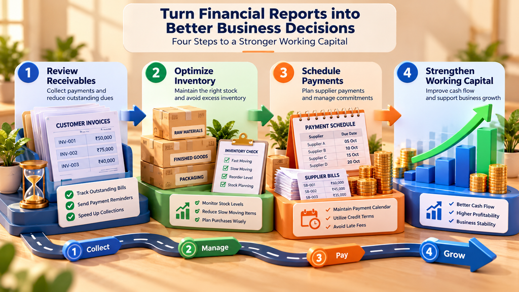 Four steps for improving working capital through collections, inventory control and payment planning.
